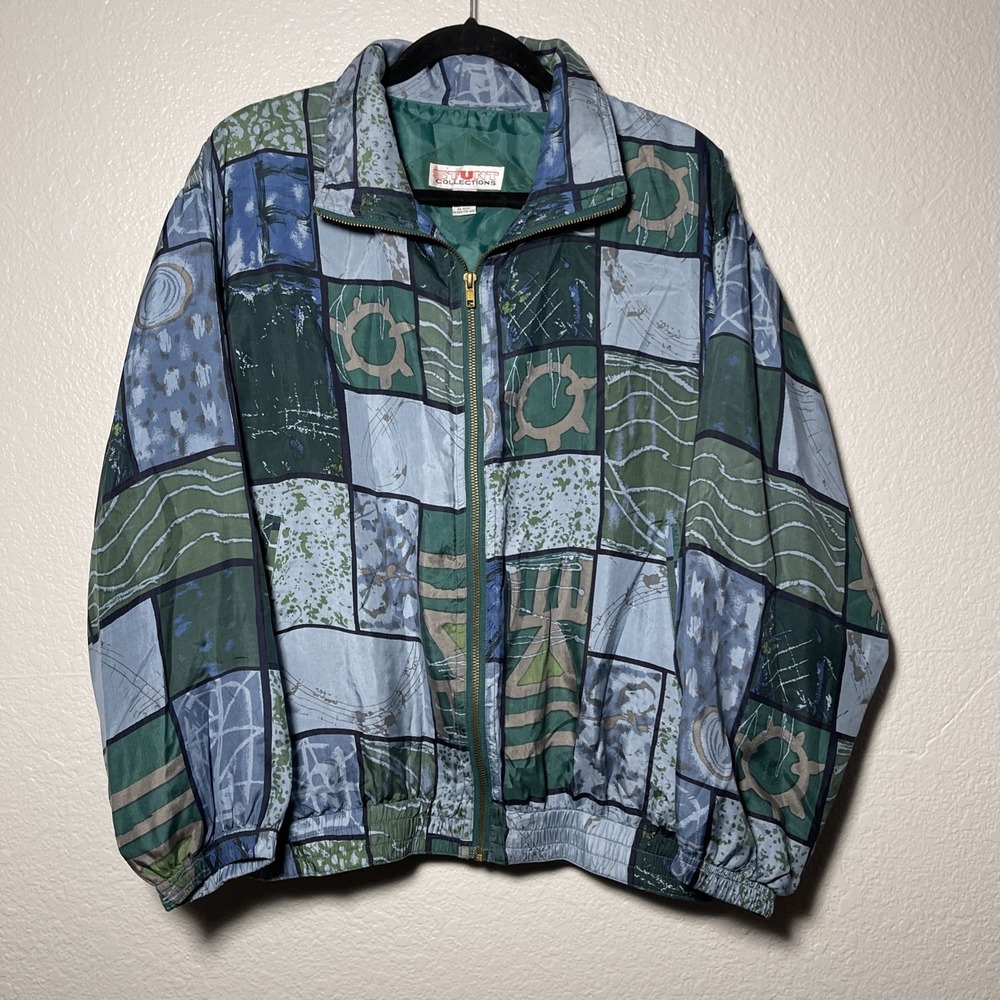Vtg Stunt Sport Jacket Women Medium Blue Tan 100%‎ Silk Nautical Print